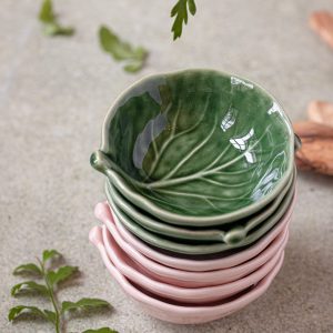 Set of small green and pink leaf plates
